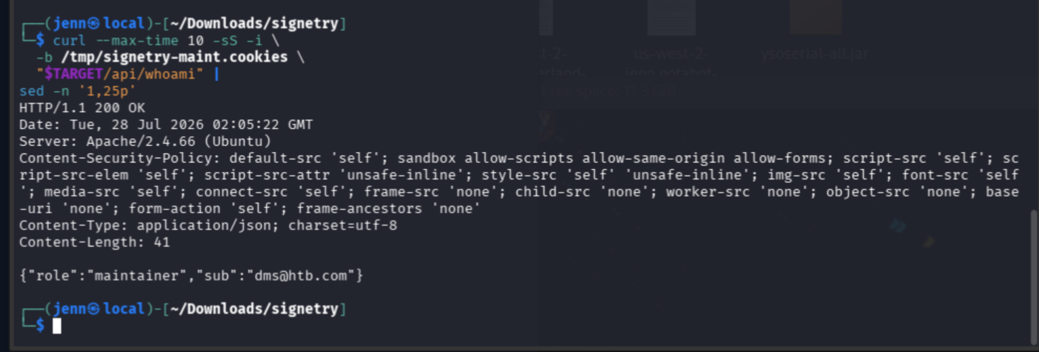 Login and whoami confirming maintainer role